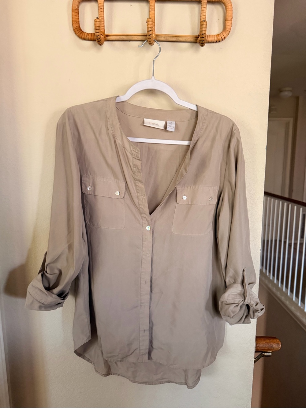 Chico's Taupe Button-Front Utility Blouse